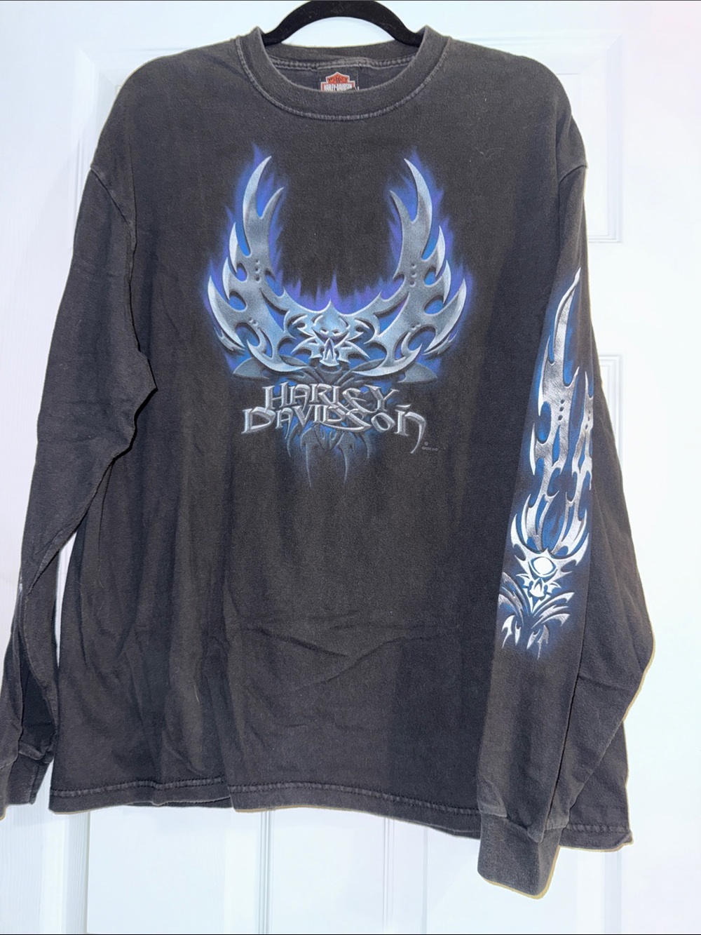 Harley-Davidson Black Long-Sleeve Tee with Blue Flame Graphics